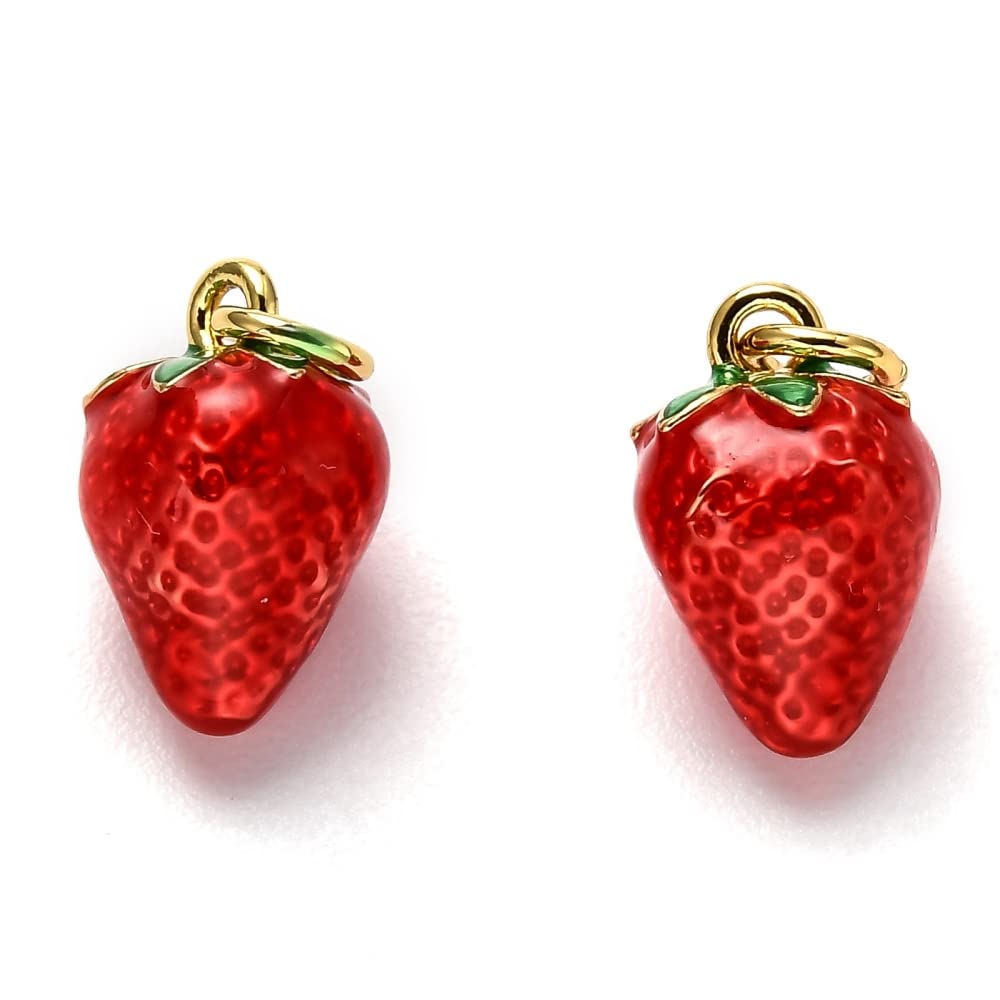 KitBeads Erdbeer-Anhänger aus Titan, Rot, Emaille, niedliche Lebensmittel, 3D-Obst-Anhänger, Sommer, 18 Karat vergoldet, für Schmuckherstellung, 5 Stück