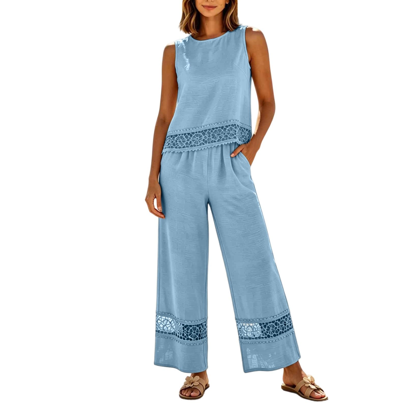 Générique Ensemble Femme Chic et Élégant Bohème, Deux Pièces Top Sans Manches Pantalon Large, Tenue Décontractée Léger Respirant pour Vacances d'Été et Sorties Quotidiennes à Dentelle 2 Pièces