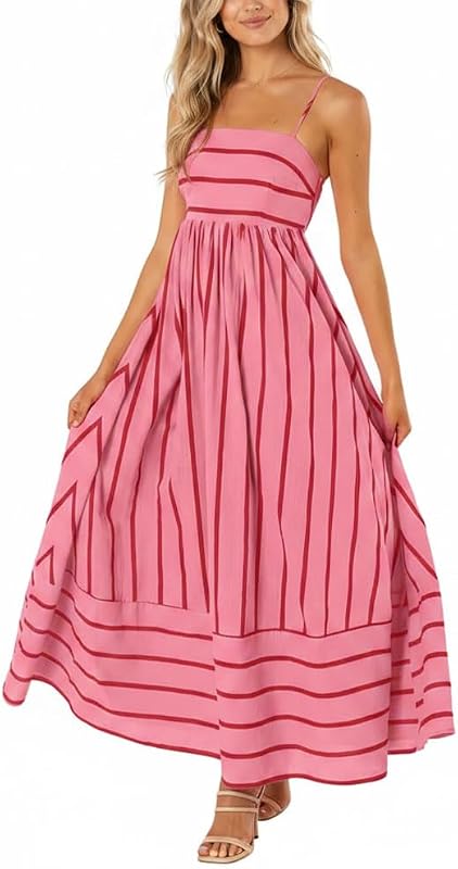 chouyatou Women's Striped Back Smocked Maxi Dress Sexy Spaghetti Strap Cut Out Flowy Swing Long Dress
