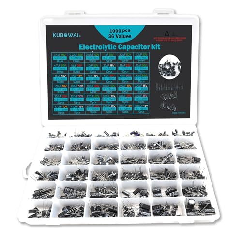 KUBOWAI 36 Worth 1000 pièces Ensemble de Condensateurs électrolytiques, Banque de Condensateurs en Aluminium, y Compris le Numéro de Modèle 0,1 uF - 1000 uF, 10 V, 16 V, 25 V, 35 V, 50 V