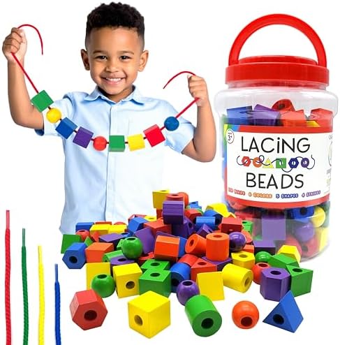 Wooden Lacing Beads for Toddlers 1-3 & 3-5 – 125 PCS with Storage...