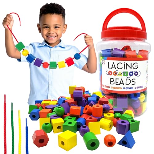 Blu Jay Wooden Lacing Beads for Toddlers 1-3 & 3-5 125 PCS with Storage Tub | Stringing Beads for Toddlers 1-3 & Fine Motor Skills Toy for Hand-Eye Coordination & Color Sorting