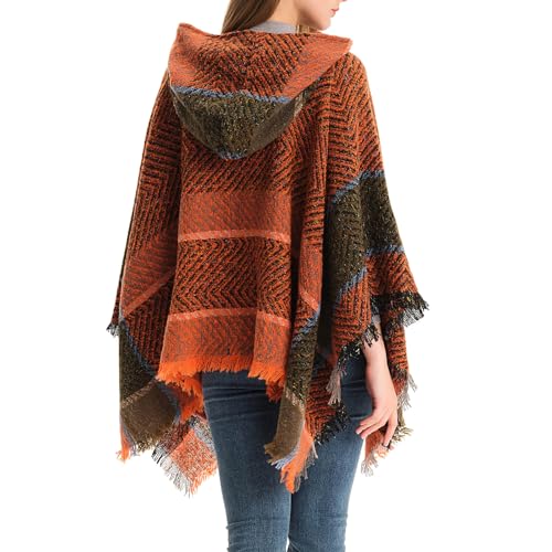 Cozy Hooded Poncho for Women - Stylish Chevron Pattern Knit Wrap with Fringe Hem - JS013