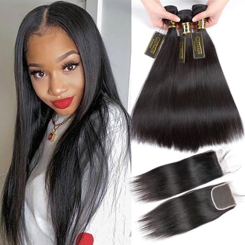 QTHAIR 18A Straight Human Hair Bundles with 4X4 HD Lace Closure(14" 14" 16"+12",Natural Black) 100% Unprocessed Indian Straight Bundles Human Hair with Closure Virgin Hair Extensions
