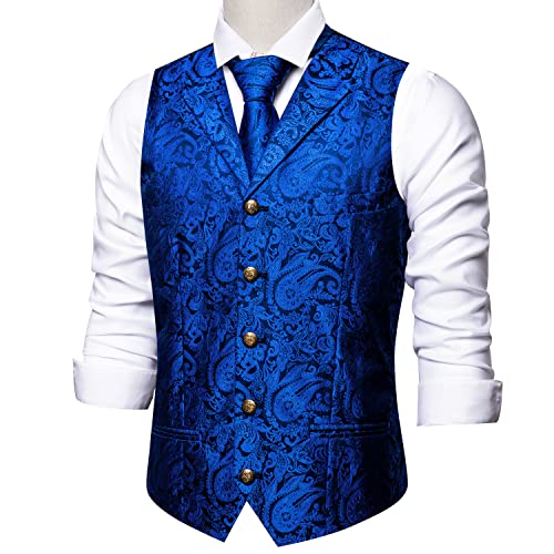Image of Barry.Wang Men Blue Black Paisley Tailored Collar Suit Vest Silk Jacquard Waistcoat Tie Clip Set for Tuxedo
