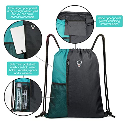 Image of Drawstring Backpack Sports Gym Bag for Women Men Large Lightweight Backpack with Zipper and Water Bottle Mesh Pockets (Black /Teal)