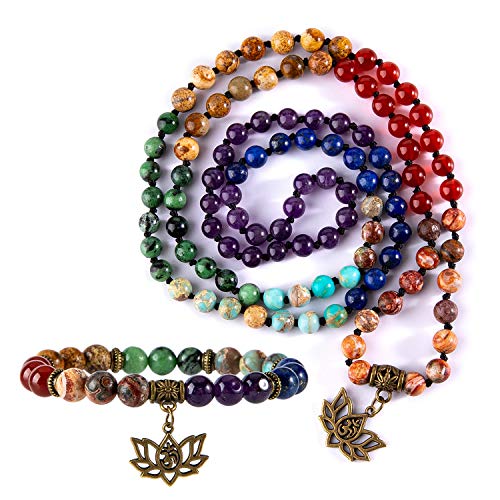 7 Chakra Jewelry Set for Women, 6mm 108 Mala Beads Necklace and 8mm Anxiety Yoga Meditation Bracelet Real Natural Reiki Healing Gemstone