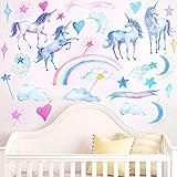 ❤ APLICACIÓN AMPLIA: Nuestras pegatinas de pared Unicornio están diseñadas con una variedad de elementos: lindos unicornios, nubes, arco iris, estrellas, lunas y forma de corazón que pueden crear perfectamente el espacio mágico de unicornio de los sueños de una niña. , salas de estar, guarderías .