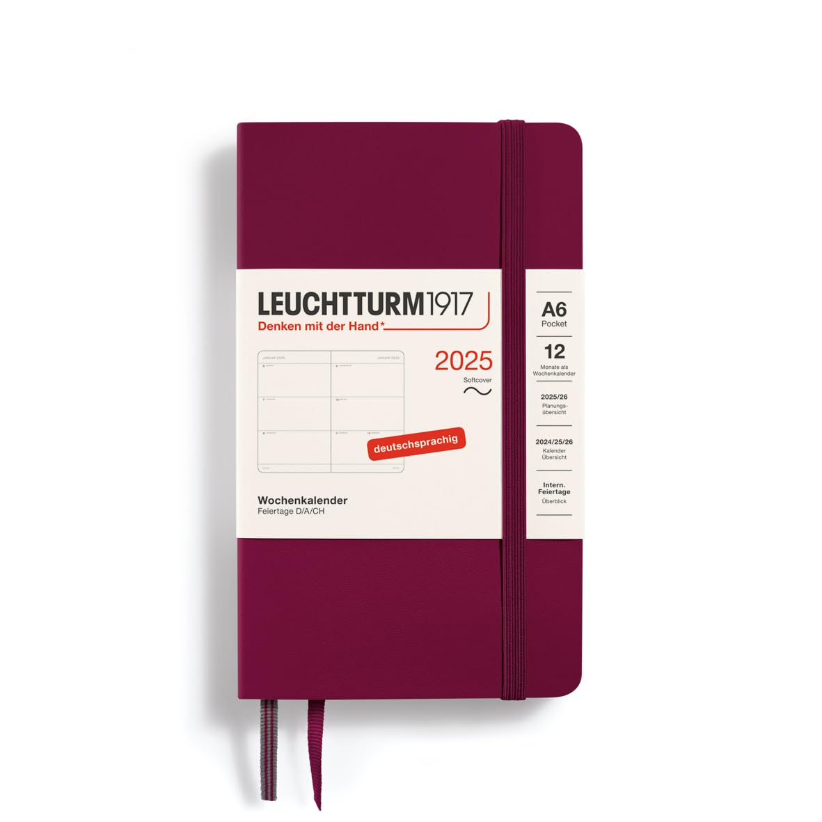 LEUCHTTURM1917 370573 Weekly Planner 2025, Pocket A6 Softcover, 12-Month Planner, 80 g, Lined, Port Red