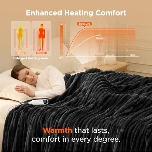 Image of Bedsure Electric Blanket Twin - Thick Striped Flannel Electric Blanket, Heating with 10 Time Settings, 6 Heat Settings, and 8-Hour Timer Auto Shut Off, Gifts for Grandma (62x84 inches, Black)