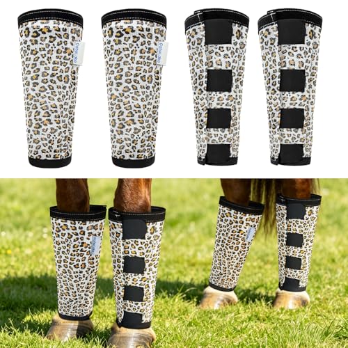 Leopard-Print Horse Fly Boots Set of 4 Soft Top Loose Fitting Leggings for Horses Cheetah Print Style Design Equine Breathable Adjustable 4 Leg Wraps Socks Reliable Leg Guards for 4 Legs