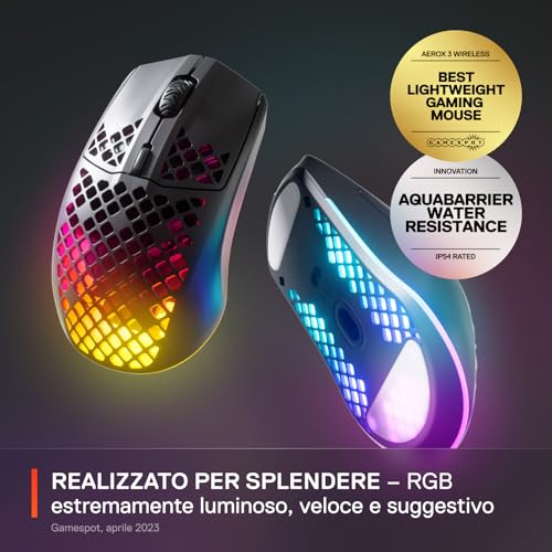 Aerox 3 Wireless Onyx (2022) - Mouse da gaming super leggero - 68g Design resistente all'acqua - 200 ore di durata della batteria - Mouse gaming - Immagine 2