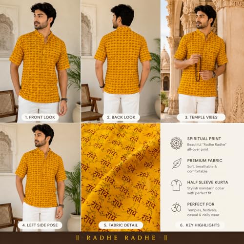 Image of LATEST CHIKAN Men's Cotton Printed Short Kurta | Half Sleeve Band Collar Ethnic Wear | Radhe Print Casual Festive Traditional Kurta for Men