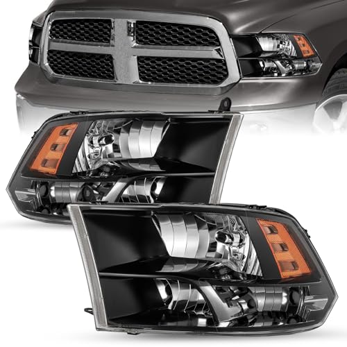 SOCKIR Quad Pickup Headlight Assembly Compatible with 2009-2018 Dodge Ram 1500/2010-2018 Dodge Ram 2500 3500 OE Replacement Halogen Headlamp Driver and Passenger Side Black Housing