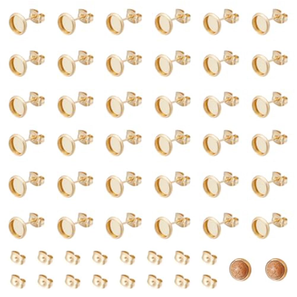 UNICRAFTALE 100pcs 18K Gold Plated Blanks Stud Earring 6mm Round Cabochon Earring Bezels Trays Post Stainless Steel Earring Studs Stud Findings with Loop and Earring Back for Earring Jewelry Making