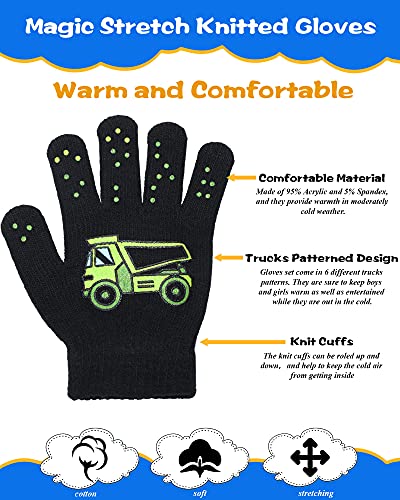 SATINIOR 6 Pairs Trucks Pattern Stretch Gloves Kids Winter Knitted Gloves for Boys Girls, Kid Children Toddler, Black, 5-11 years old2