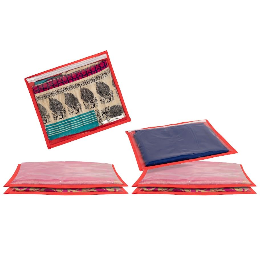Homestrap Set of 6 Single Saree Covers | Transparent Top, Foldable & Zip Closure | Clothes Storage Bag & Wardrobe Organizer | Dust & Moisture Resistant Organizers|Red