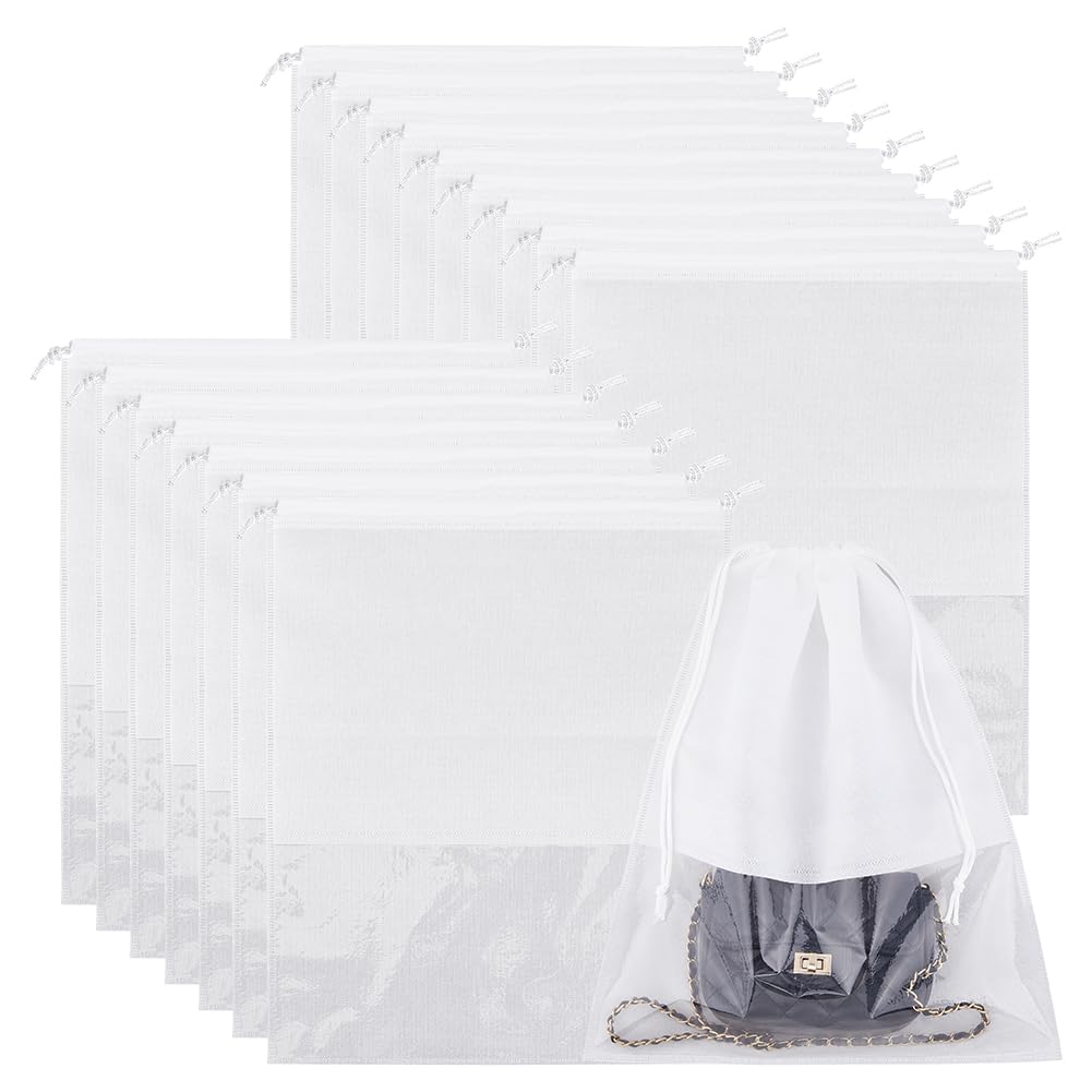 SUPERFINDINGS 16 Stück Schuhbeutel Für Reisen Staubbeutel Mit Kordelzug Weiße Vliesstoff Staubbeutel Mit Sichtbarem Fenster Aufbewahrungsbeutel Für Schuhe 45x36cm