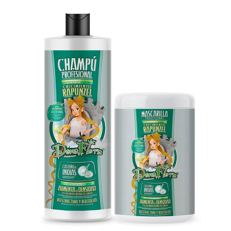 Dona Flora Rapunzel Pack 2 | Champú Profesional Crecimiento 1000ml + Mascarilla Profesional 1000ml | Anticaída y Reparadora | Con Biotina, Castaño de Indias y Multivitaminas | Todo Tipo de Cabello