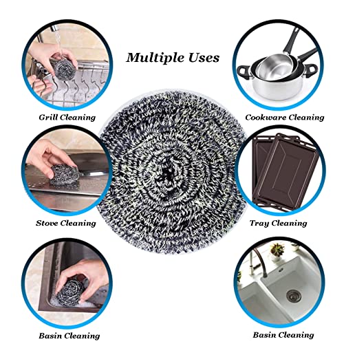 Image of 6 Pack Large Stainless Steel Sponges Scourers Steel Wool Scrubbers Pad Cleaning Ball Used for Dishes, Pots, Pans, Grill, Ovens and Basin, Clean Kitchen, Bathroom, Restaurant (40g Weight)