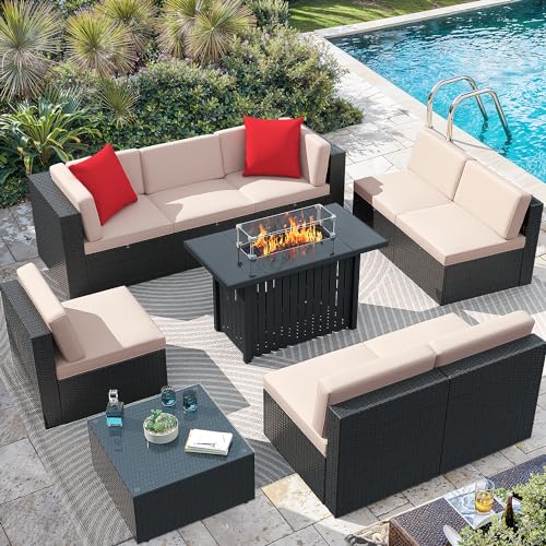 Image of Greesum Patio Furniture Sets 10-Pieces Outdoor PE Rattan Sectional Sofa w /43in Gas Fire Pit Table 55000 BTU Add Warmth to Gatherings Parties On Deck Garden Backyard,Beige