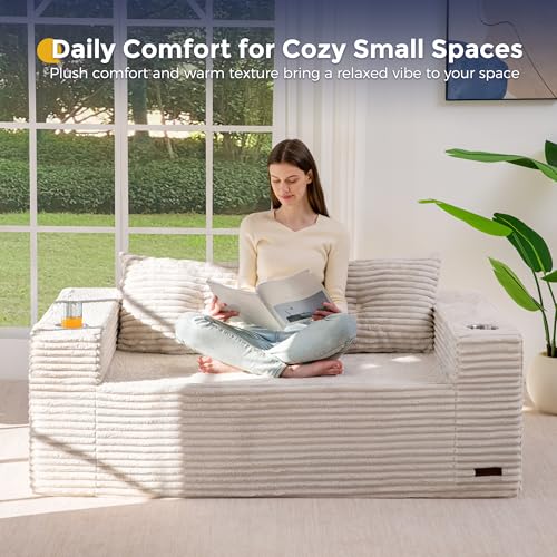 Image of MAXYOYO 63 inch Boneless Loveseat Sofa Couch for Small Spaces, Mini Love Seat Floor Couch with Cup Holders and Pillows, 2-Seater Upholstered Cloud Couch for Bedroom Apartment, No Assembly Required
