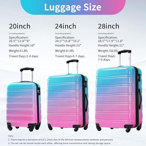 Merax Luggage Sets 3 Piece, Hardside Expandable Suitcase Set with Spinner Wheels, Lightweight Gradient 20+24+28 IN Suitcase with Carry on Luggage, Blue and Red3