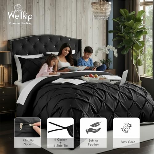 Image of Pinch Pleated Duvet Cover Set 1000TC 100% Cotton Premium 3-Pieces 1-Duvet Cover & 2-Pillow Cover Luxury Look Home and Hotel Zipper & 8-Tie Closure (Black, Queen 90 X 90 Inch)