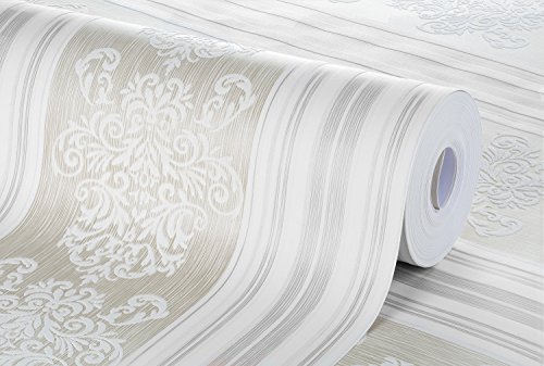 Papel de Parede, Listra e Arabesco com Relevo, Bege/Cinza, 1000x52 cm, Bobinex Uau