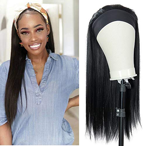 Headband Wigs for Black Women Long Straight Headband Wigs,Synthetic Wigs with Headband, Natural Looking Daily Party Wigs (straight 1#, 24inch)