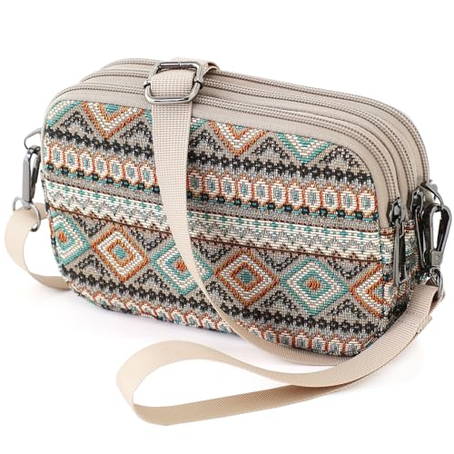 BBORGDC Bolsas transversais para mulheres, bolsas Jacquard Boho, carteira de pulso RFID com 3 zíperes, bolsas de telefone com alça, design original para viagens diárias, presente para meninas