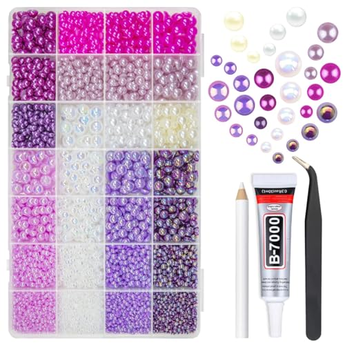 qiipii 28 Types Purple Flatback Pearls w B7000 Jewelry Glue for Bedazzling Crafting 3mm 4mm 5mm 6mm 8mm 10mm Flatback Colorful AB Half Pearls Charms for Nails Face Eyes Makeup Crafts Tumblers Bottles