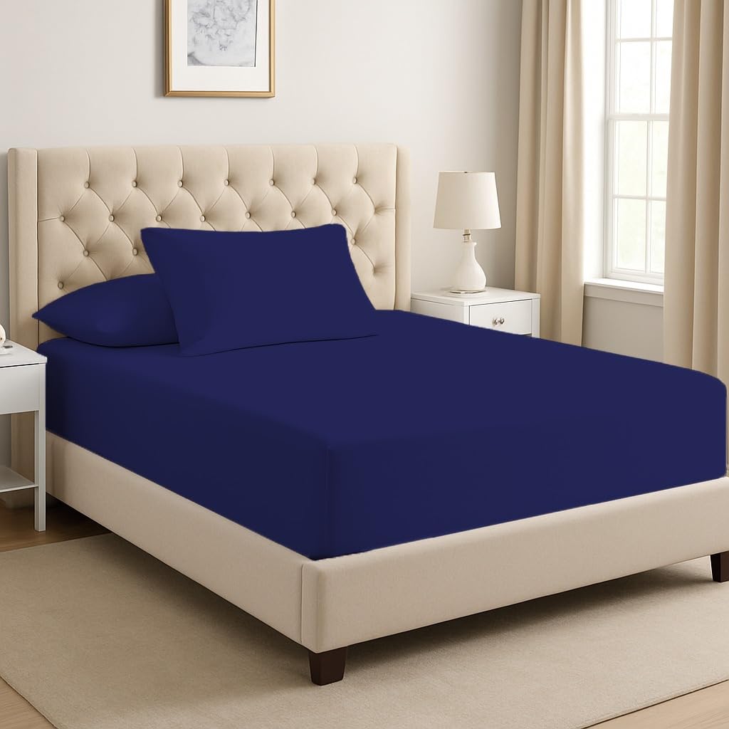 Dreema Navy-Blue Novexa Double Fitted Sheet - 400 Thread Count 100% Egyptian Cotton, 25Cm Deep Pocket - Soft, Breathable & Hotel Quality (Double Navy Blue)