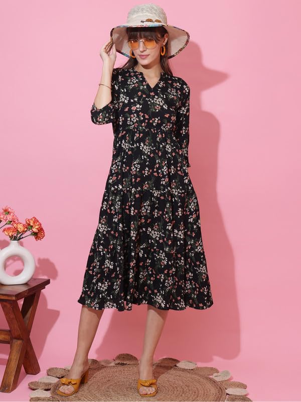 Image of Sheetal Associates Women's Casual 3 /4 Sleeve Crepe Fit and Flare Dress| Comfortable Relaxed Fit Summer Party Dress
