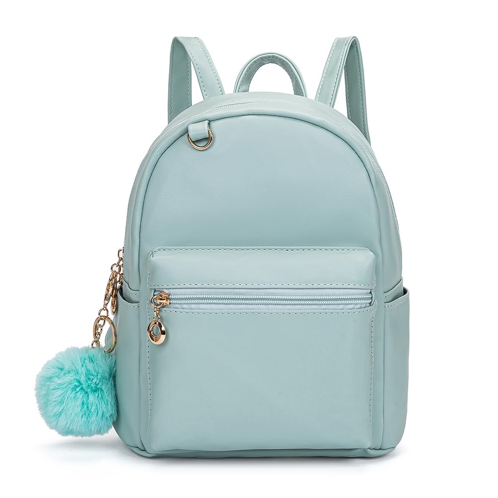 YiXiamo Cute 10 inch mini pu backpack with hooks and fluffy ball for Women (green)
