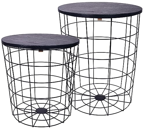 Elevon Nesting Table End Table Wire Basket Base with Wood Tops Side Table Set of 2, Black
