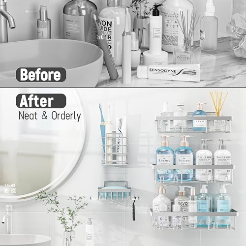 Image of Liuoud 10 Pack Shower Caddy Organizer Rack Shelf for Inside Shower, Self Adhesive Wall Storage Basket Rustproof Stainless Steel Shampoo Holder Bathroom Accessory Decor Set, Silver