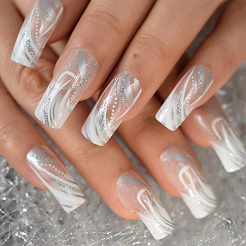 Square Fake Nails Long Length Predesigned False Nails (Clear white)