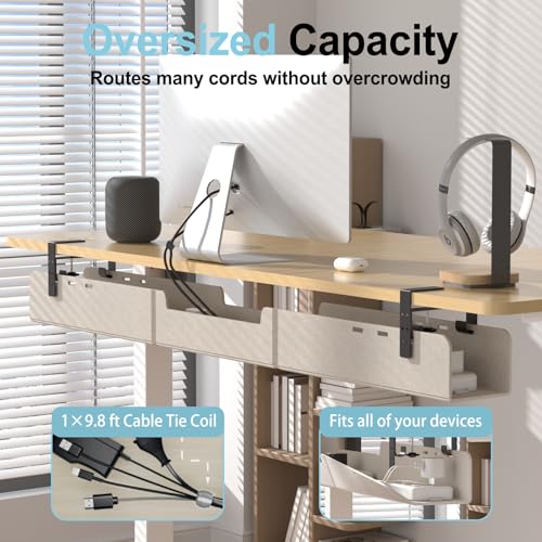 Image of No-Drill Under Standing Desk Cable Management,47.2 inch L,Beige | Upgraded 0.25 inch Heavy-Duty Felt Cable Organizer,Desk Wire Management Tray with Clamp or Screw Mount, for Home Or Office