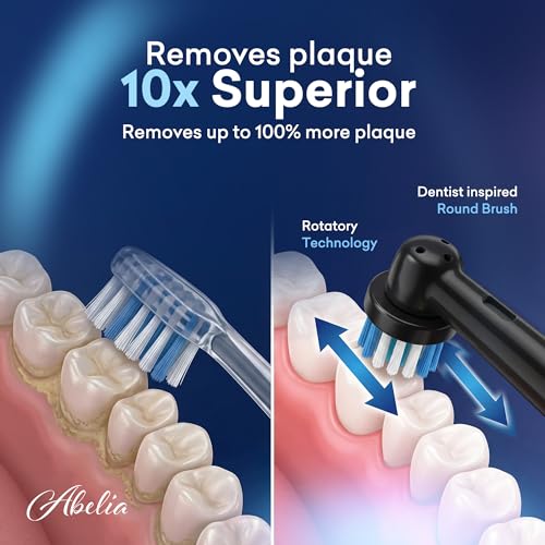 Image of Abelia Rotating Electric Toothbrush for Adults | Rechargeable Oscillating Brush | 8 Round Heads, 5 Modes, 3 Intensity Levels, 2 Min Timer | Waterproof | 2-Year Warranty | Black