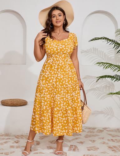 Image of KOJOOIN Women Plus Size Summer Dress Short Sleeve Casual Dress Floral Midi Dress Sweetheart Neck Ruffle Dress