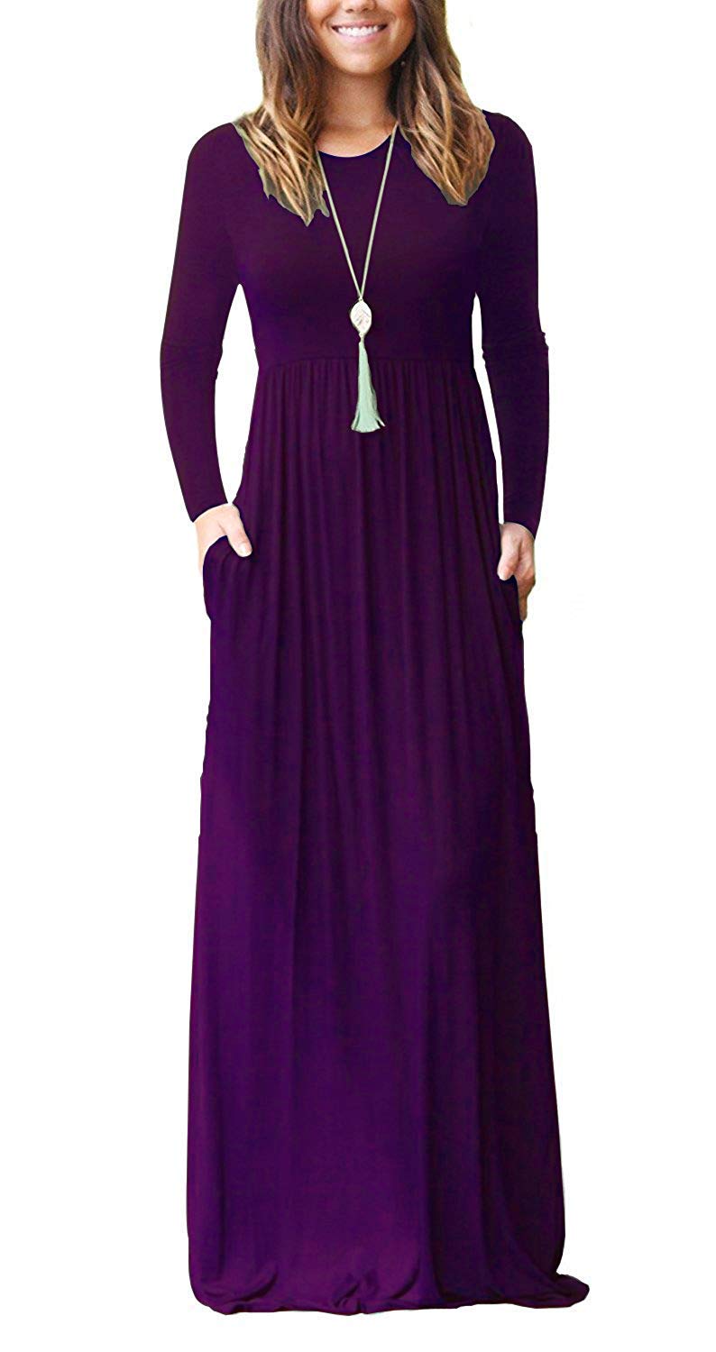 Auselily Women's Purple Casual Long Sleeve Maxi Dress Loose Long Dresses With Pockets Xl
