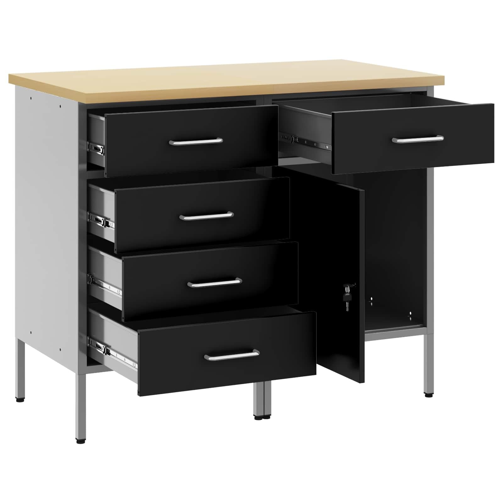 Banco da lavoro con cassetti 2 pezzi, nero e grigio, 75 x 45 x 85 cm, armadio da officina in legno e acciaio per attrezzi