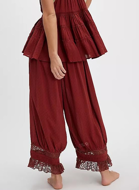 Image of UAURORAO Women Lace Trim Long Bloomers Elastic Mid Rise Ruffle Pantaloons Cropped Flared Slips Pants Pajama Bottoms(Wine Red,Small)