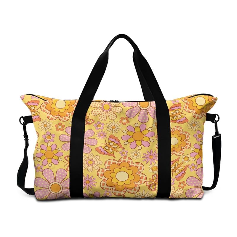 Hippy Daisy Gym Bag for Women 70s Hippie Floral Travel Duffle Bag with Carry Handles, Orange Polka Dots Flowers Carry on Bags for Hospital, Weekend, Airplane, 30L