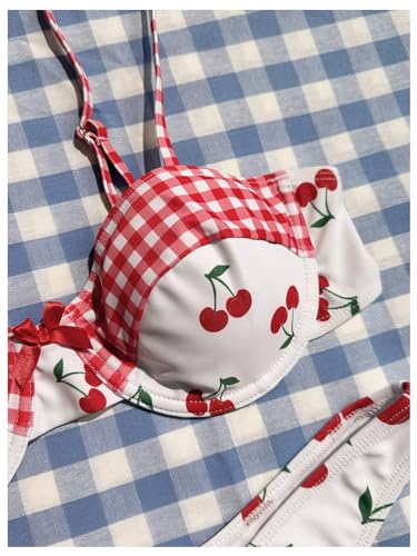 Milumia Women's 2 Piece Underwire Bikini Set Cherry Gingham Bow High Cut Push Up Swimsuit3