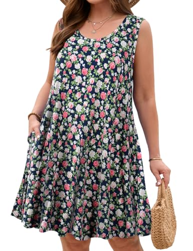 Image of JollieLovin Women Plus Size Curvy Summer Tank Sun Dresses Sleeveless Causal T-Shirt Dress Beach Swing Cover up(L-5X)