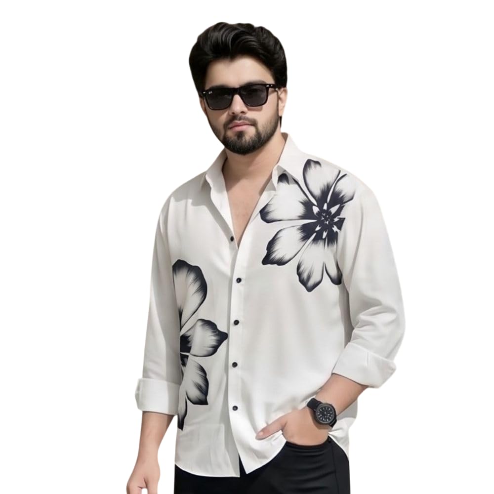 Men's Floral Printed Casual Shirt, Full Sleeve, Oversized, White and Black-picture-45