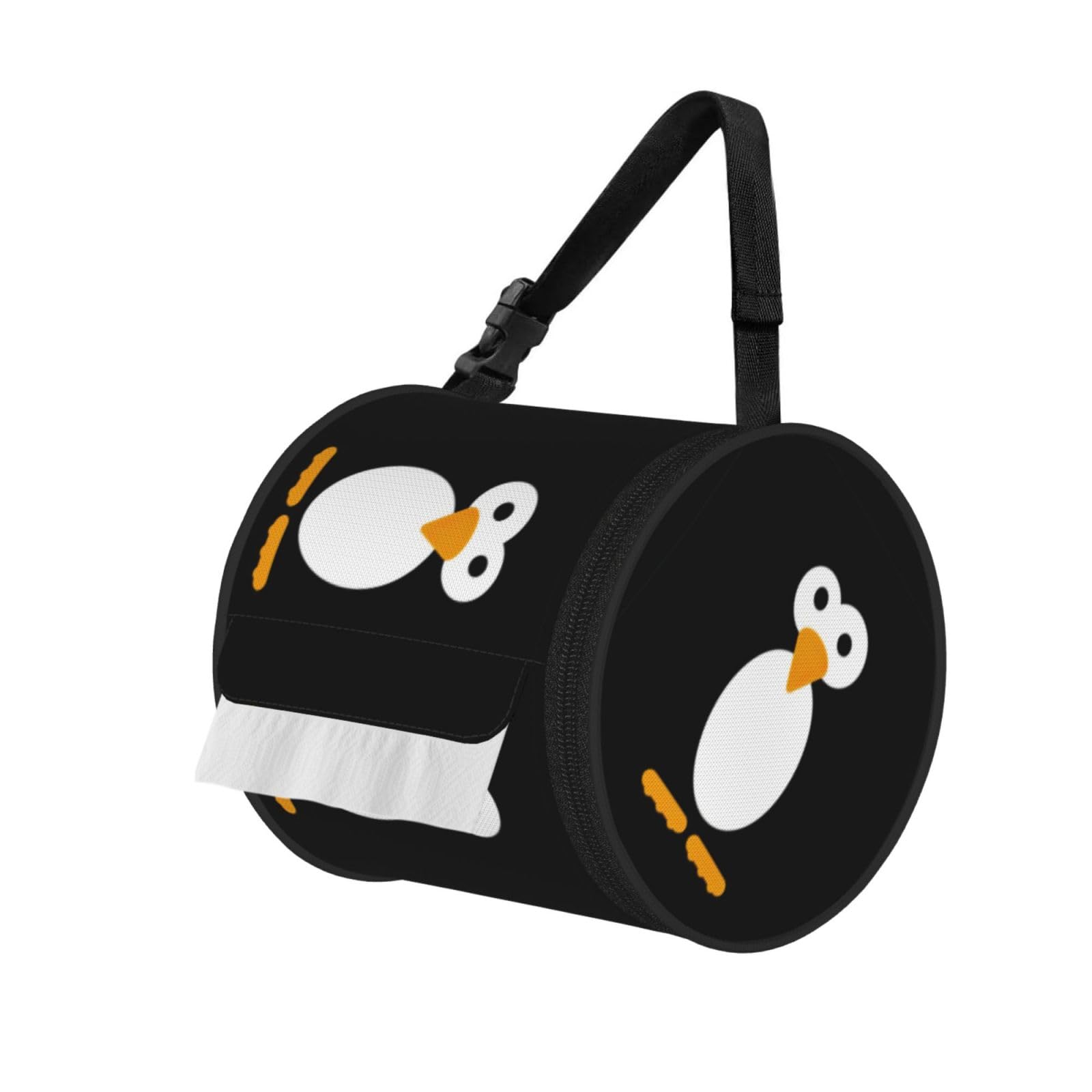 Jiuty Black Cute Penguin Print Cylinder Tissue Organizer Bag With Strap, Portable Toilet Roll Holder For Camping Car