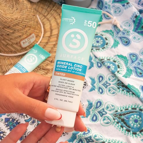 Surface Mineral Sunscreen Lotion SPF 50, Lightweight Non-Nano Zinc Oxide Formula, Reef Friendly, Broad Spectrum UVA UVB Protection, Water Resistant Sun Care for 80 Minutes Outdoor Use, Tinted, 3oz